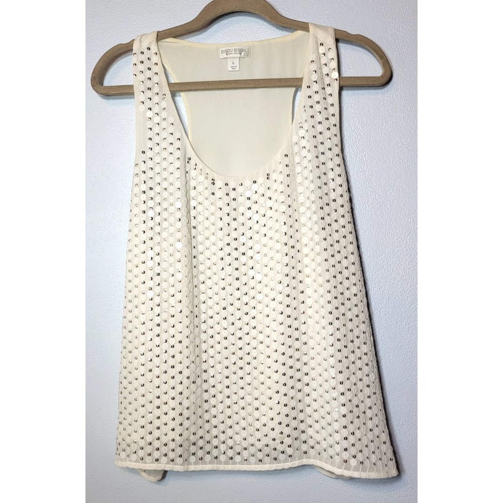 Bisou Bisou Silver/White Sequin Tank Wide‎ Racerback Sheer Lined Top Large Bling